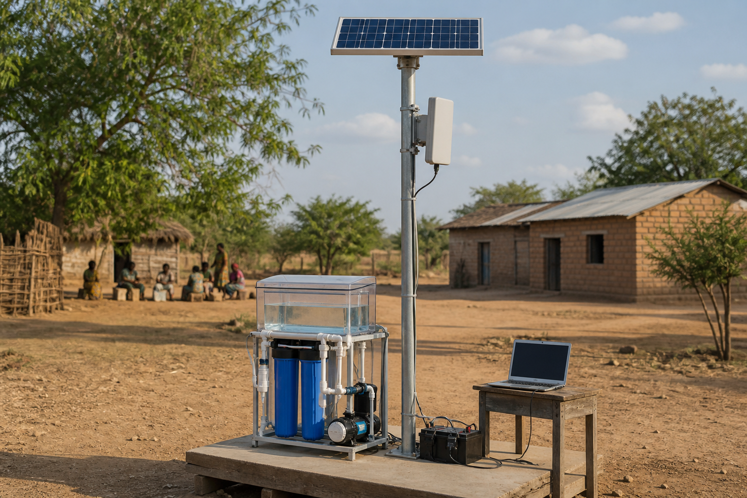 Solar panel on a mast with Wi‑Fi antenna, water filter and laptop powered from the solar system