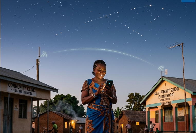 Community clinic and school linked by NETLITE connectivity, with a resident using a phone under a night sky