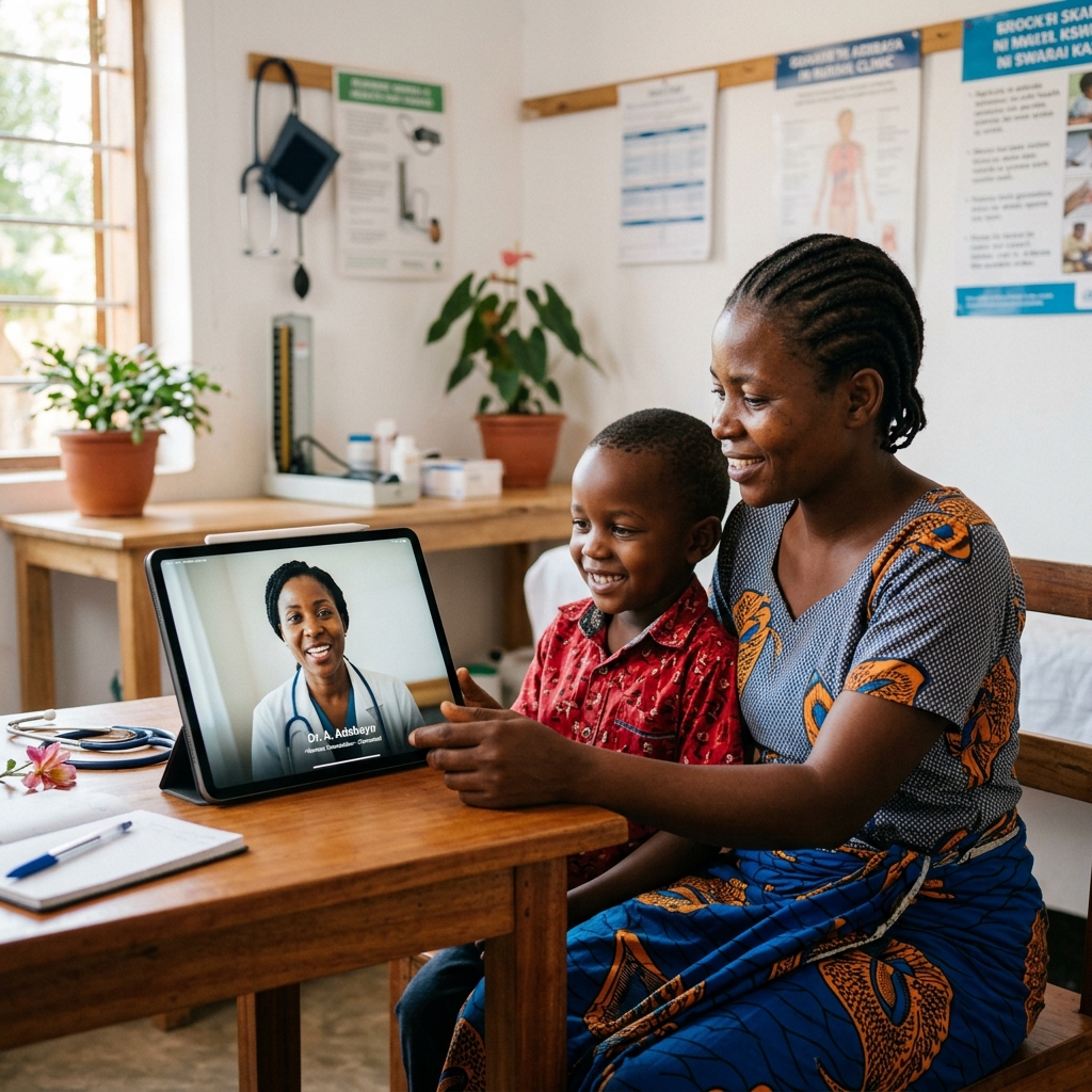 Mother and child in a community clinic on a telemedicine call with a remote doctor